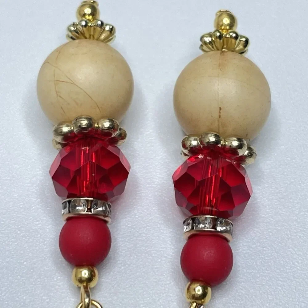 Artisan Red Crystal Glass Wood Beaded Gold Tone Earrings Dangle Boho Unique